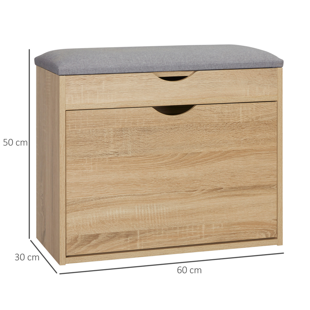 “Natural wood entryway shoe bench with cushioned seat and storage cabinet”