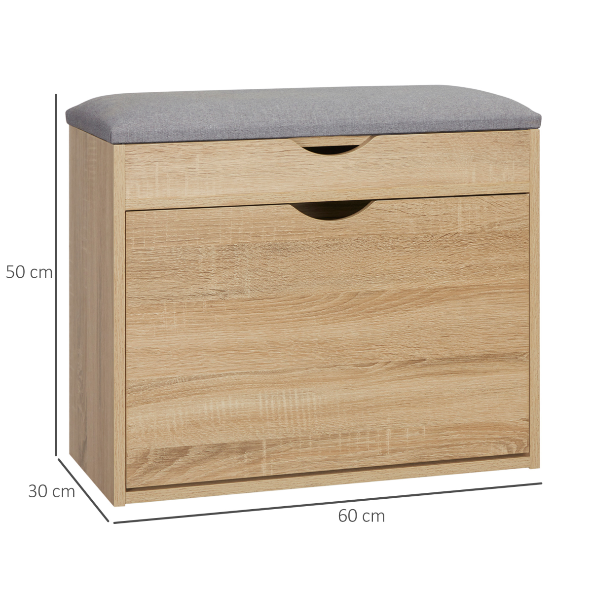 “Natural wood entryway shoe bench with cushioned seat and storage cabinet”