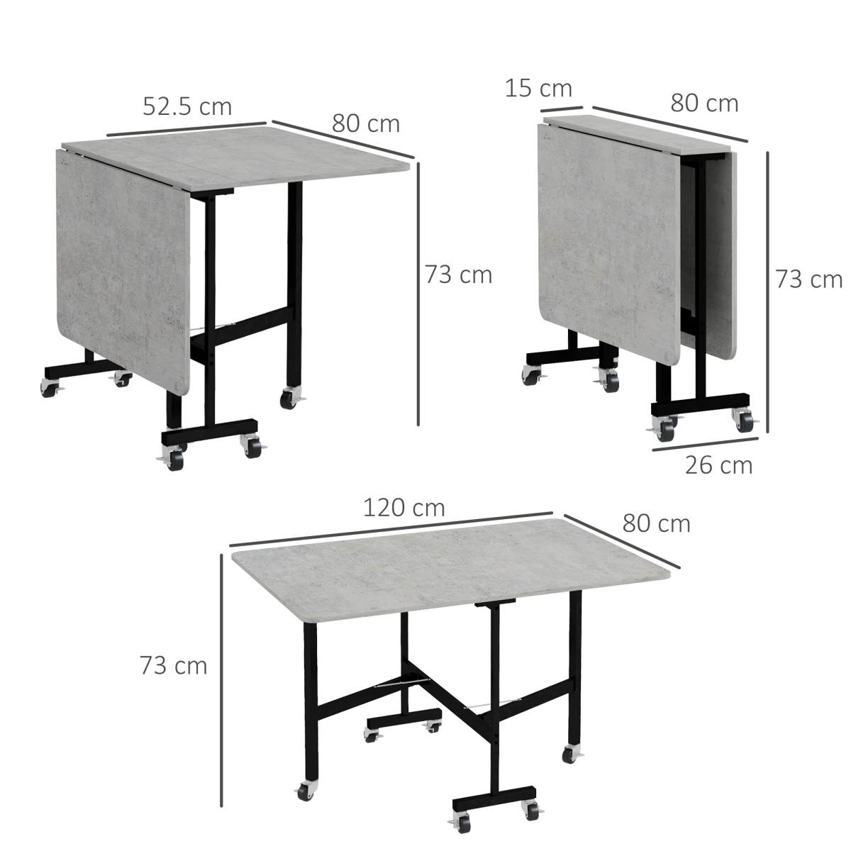 “Grey drop‑leaf folding dining table on wheels with storage shelves”