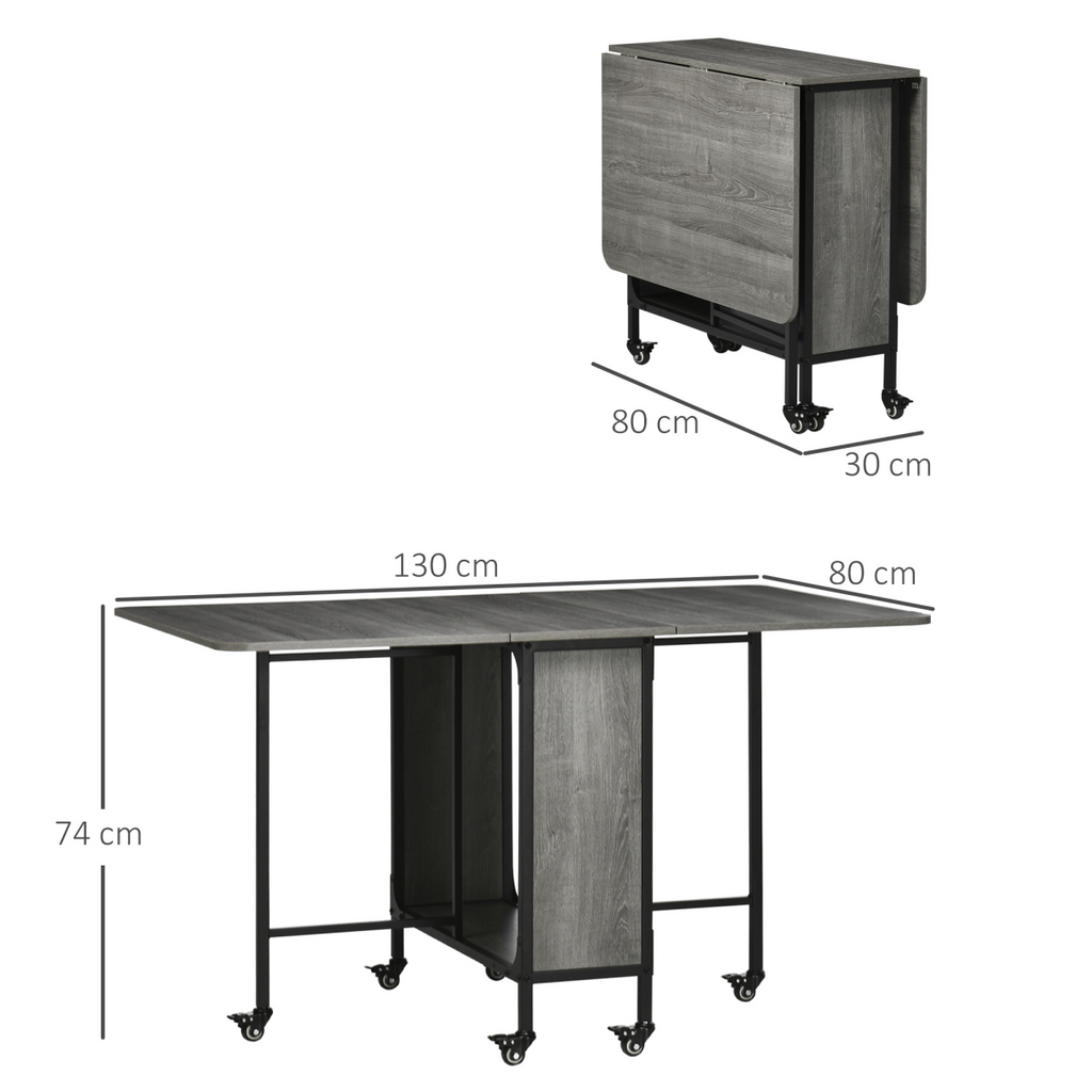 Mobile drop‑leaf folding kitchen table with storage shelves.