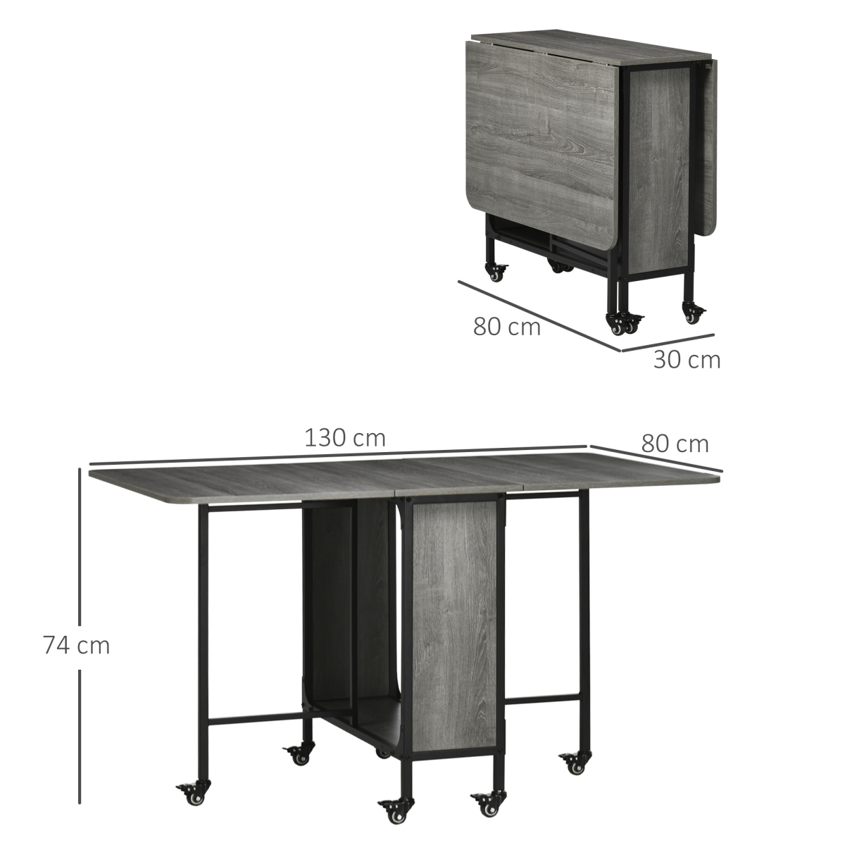Mobile drop‑leaf folding kitchen table with storage shelves.