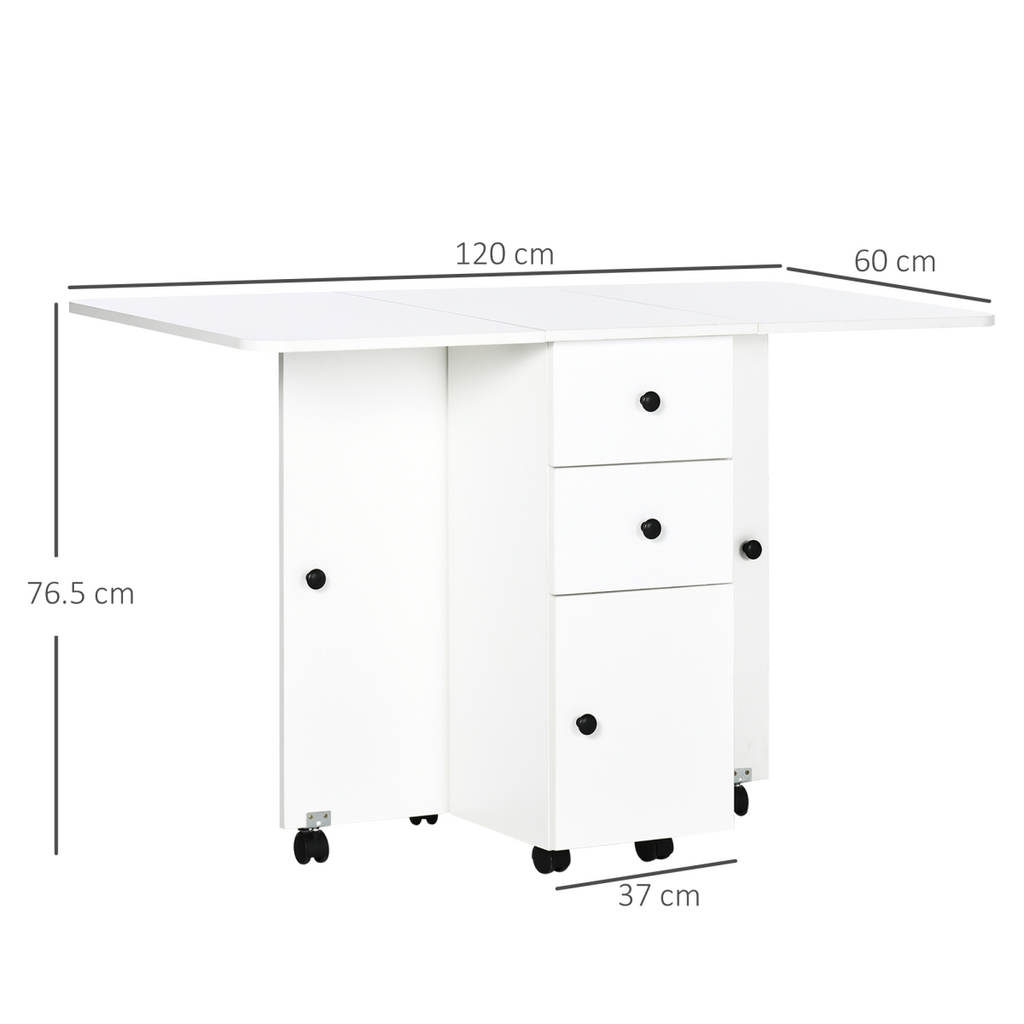 White drop‑leaf folding dining table with storage drawers.