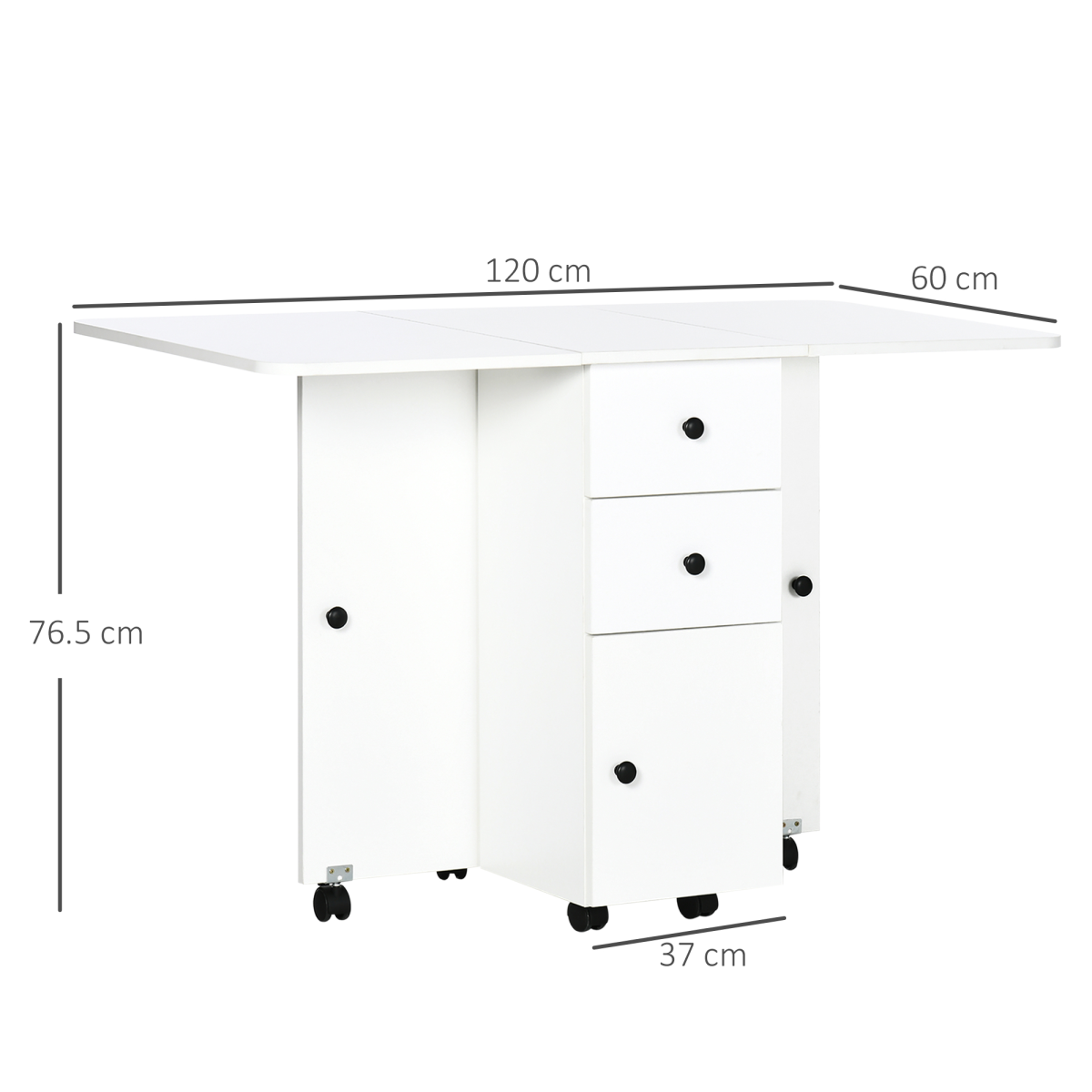 White drop‑leaf folding dining table with storage drawers.