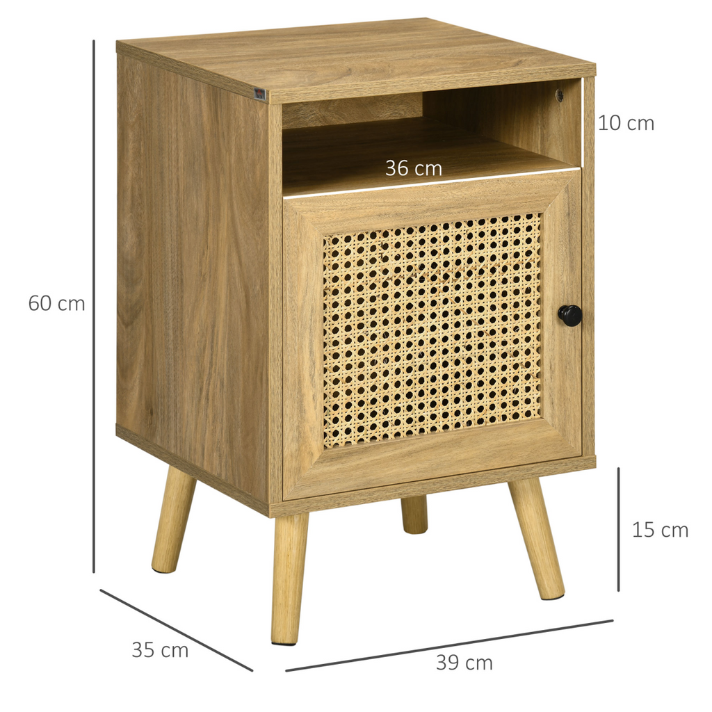 Rattan‑front bedside table with cabinet and shelf.