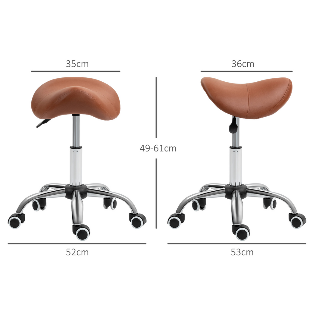 “Brown PU leather saddle stool with adjustable height and swivel base”