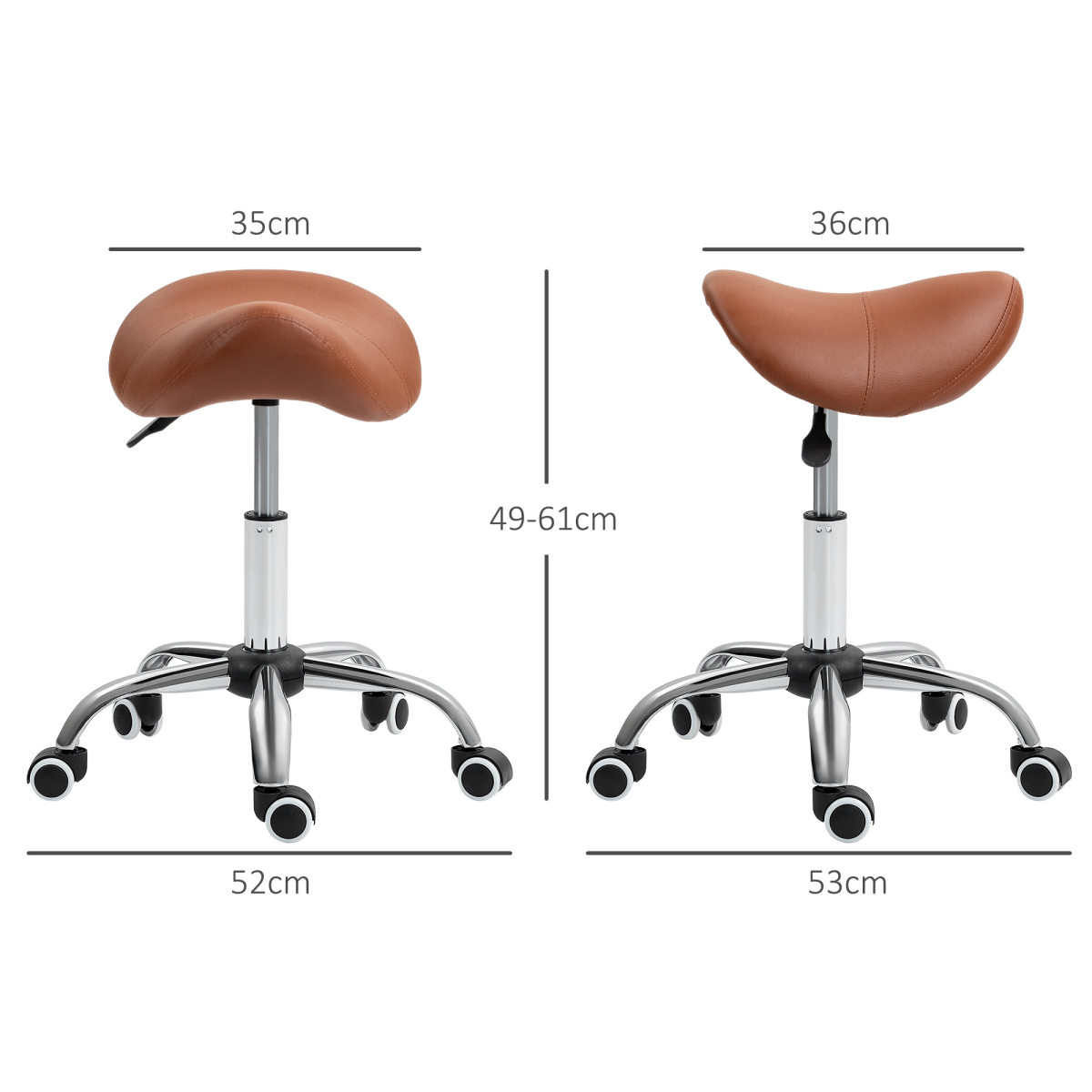 “Brown PU leather saddle stool with adjustable height and swivel base”