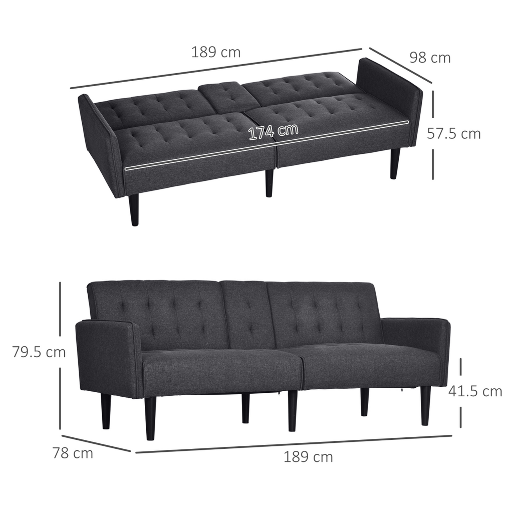 3-Seater Linen Sofa Bed with Cupholders