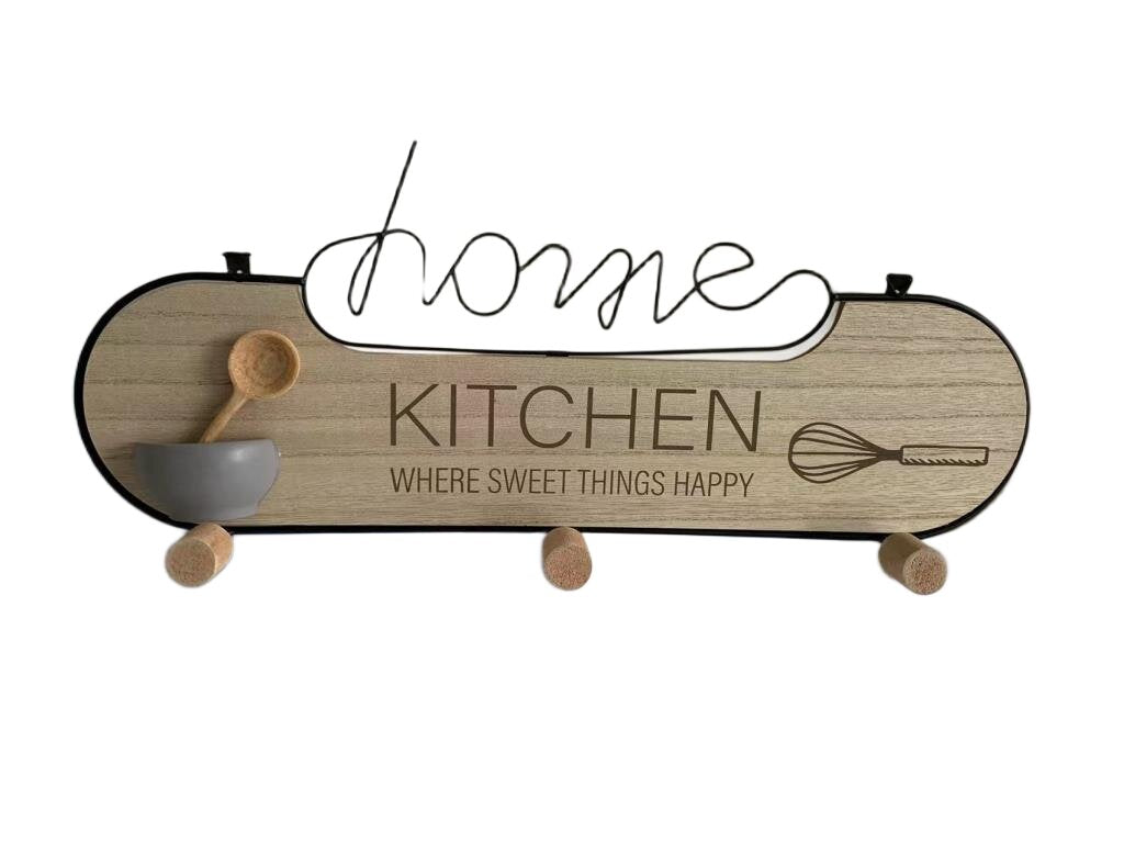 AcaciaHome Durable & Modern Wall Mounted Wooden Kitchen Shelf with 3 Iron Hooks, Floating MDF & Iron Storage Rack, Mug Cup Holder Display Organiser for Kitchen, Bathroom, Entryway, Hallway & Office