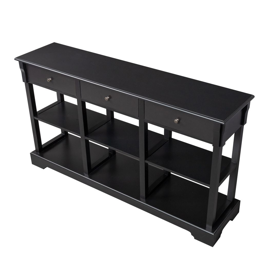 Console Sofa Table with Ample Storage, Retro Kitchen Buffet Cabinet Sideboard with Open Shelves and 3 Drawers, Accent Storage Cabinet for Entryway/Living Room Black Color