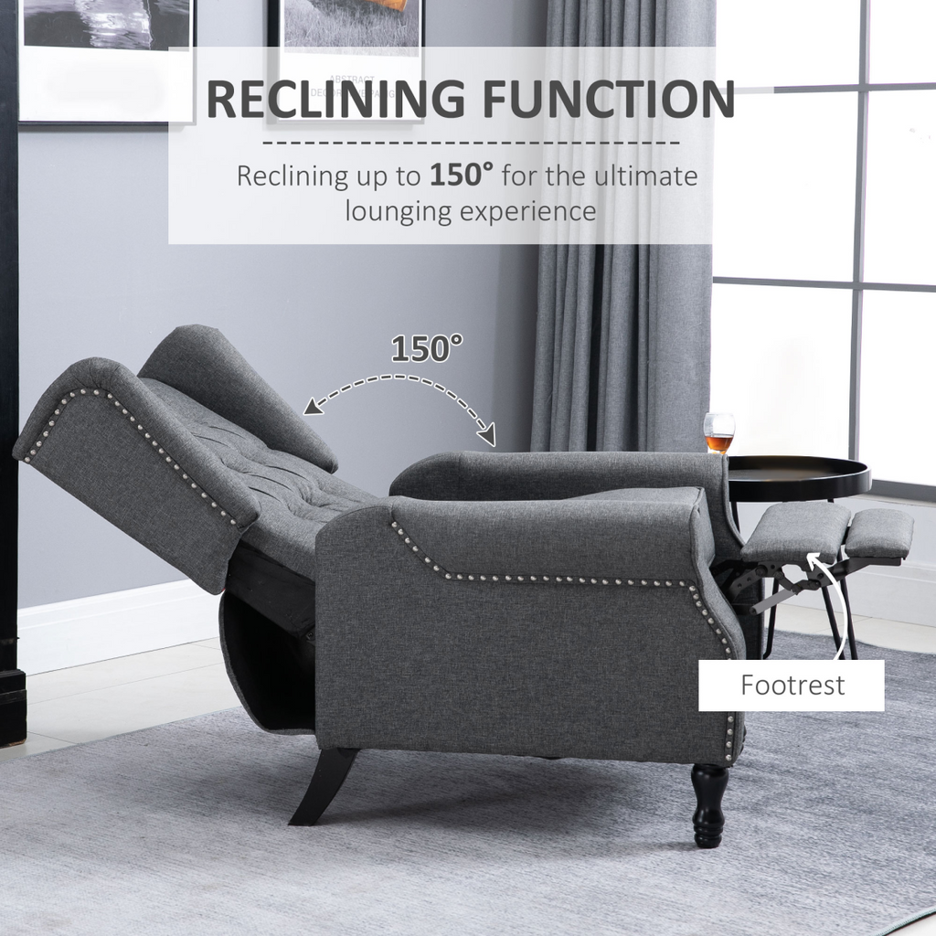Light grey fabric recliner armchair with footrest.