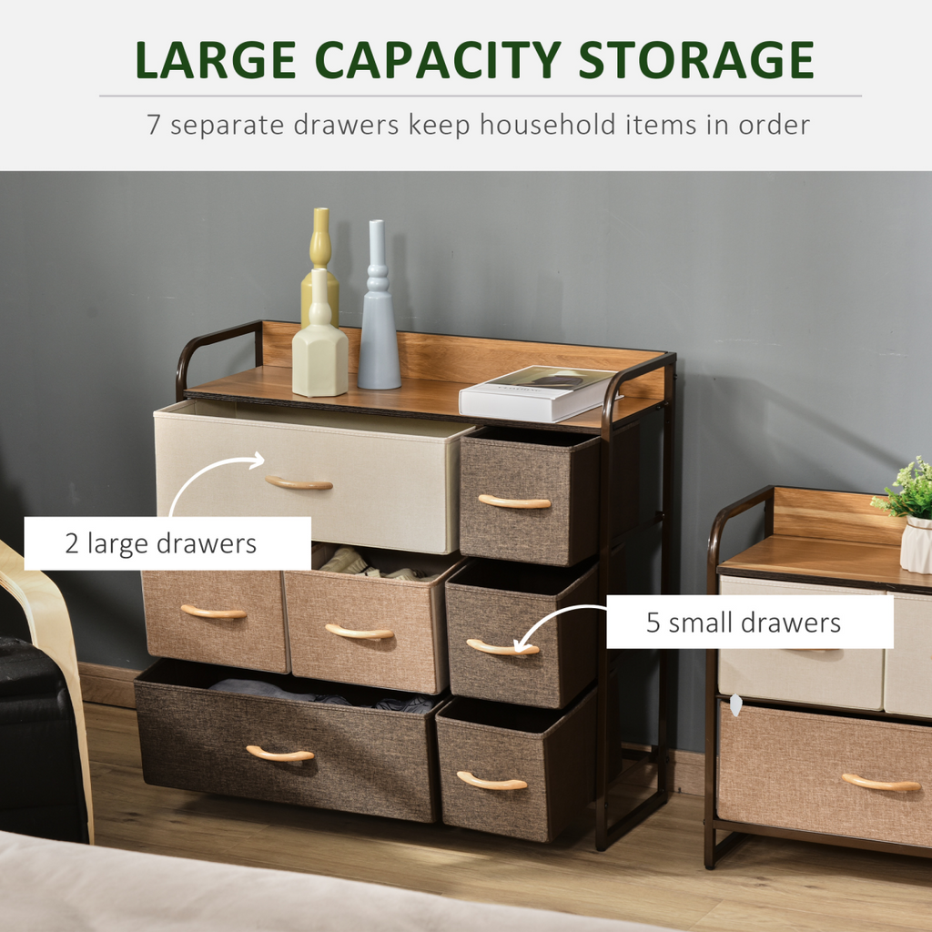 Seven‑drawer fabric dresser with metal frame.