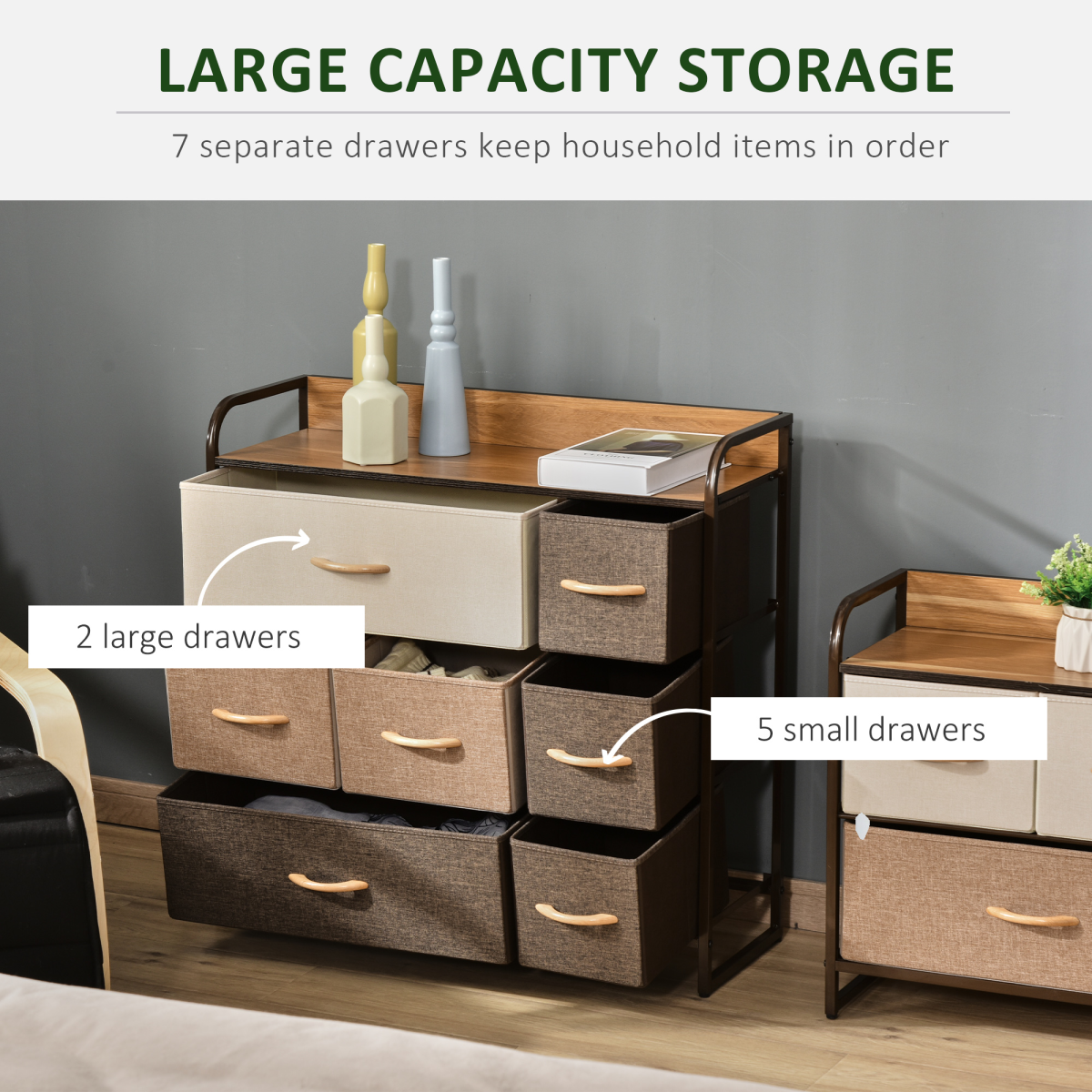 Seven‑drawer fabric dresser with metal frame.