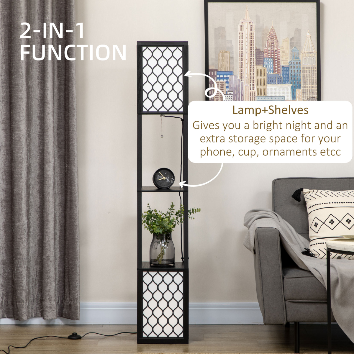 {
  "title": "Floor Lamp with Shelves, 2-Light Modern Standing Lamp for Living Room Bedroom",
  "description": ""
}