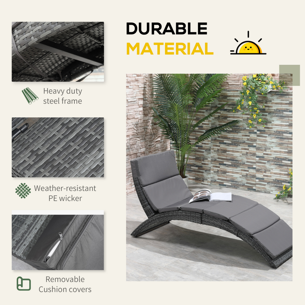 Garden Patio Rattan Wicker Folding Sun Lounger Cushion  Grey