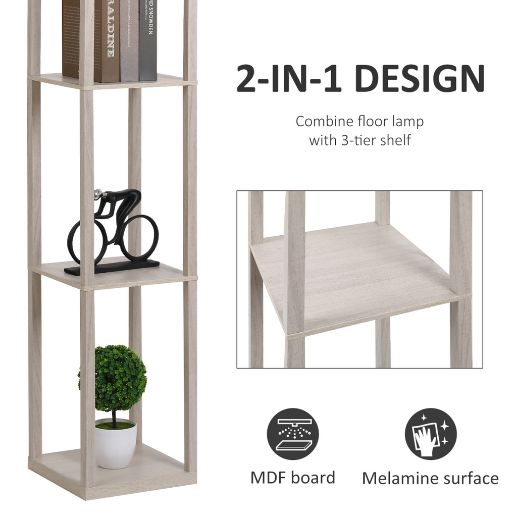 “4‑tier floor lamp with storage shelves — grey modern lighting design”