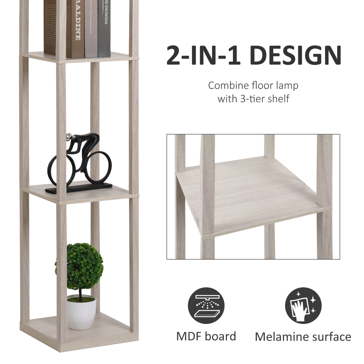 “4‑tier floor lamp with storage shelves — grey modern lighting design”