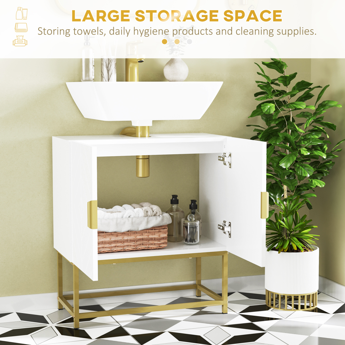 “White under‑sink bathroom cabinet with storage shelves”