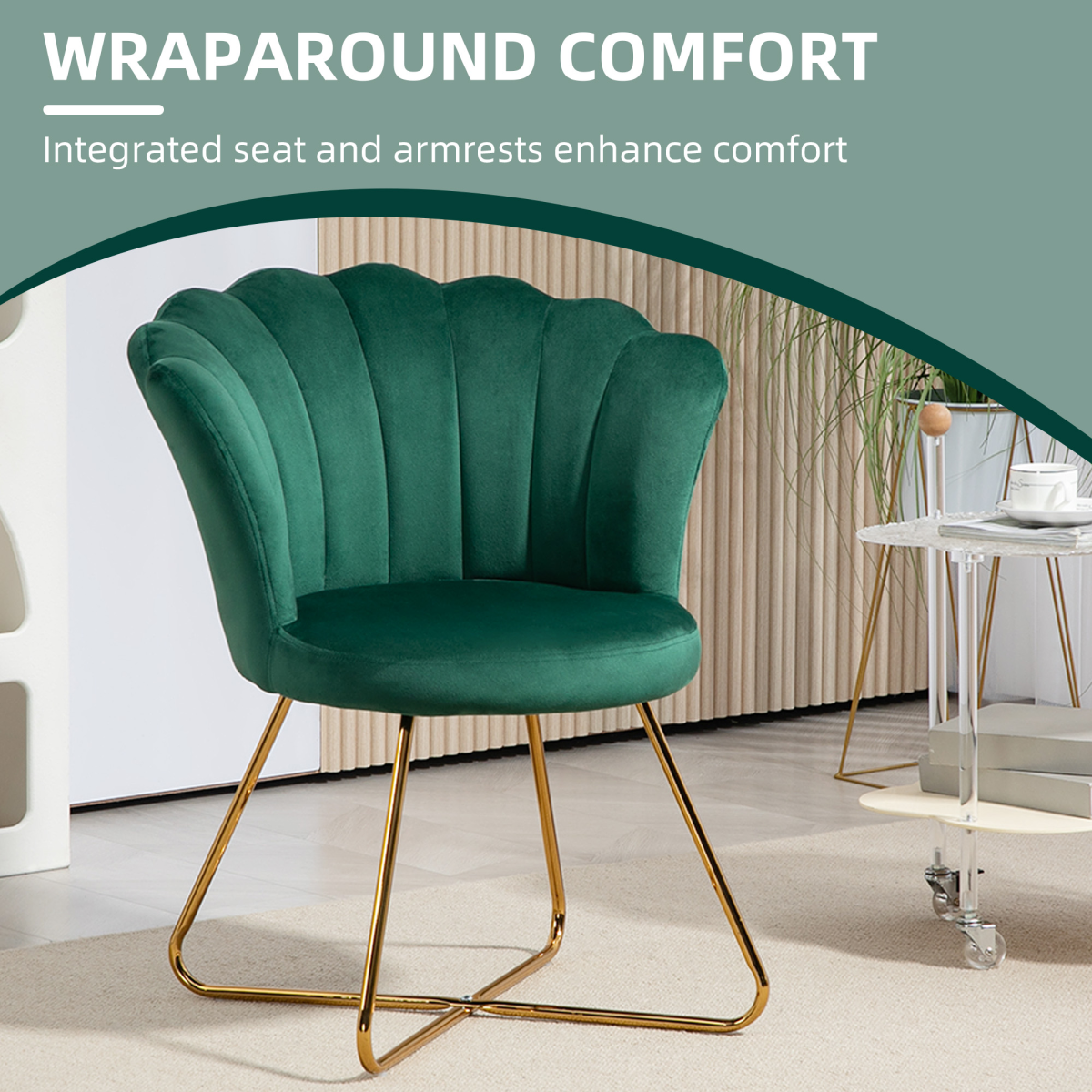 Green Velvet Scallop Accent Chair with Gold Legs