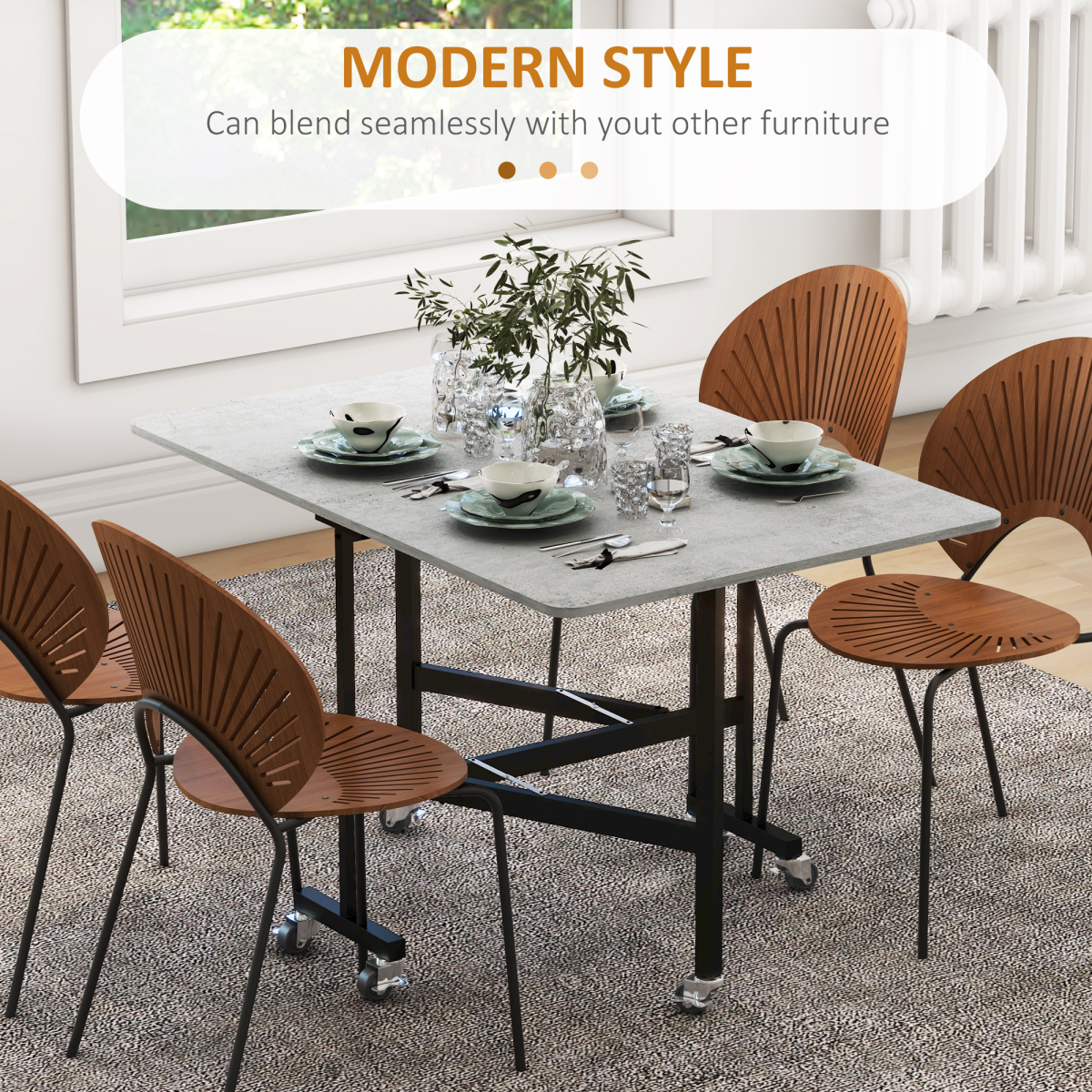 “Grey drop‑leaf folding dining table on wheels with storage shelves”