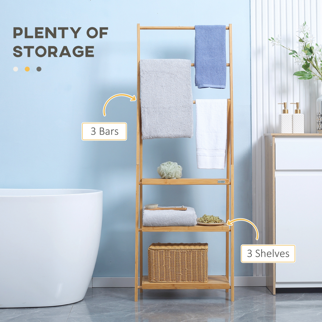 Freestanding Bamboo Towel Rack – 3 Bars & Shelves, Foldable