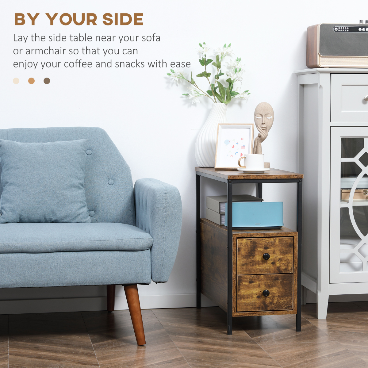 Slim brown side table with two drawers and lower shelf.