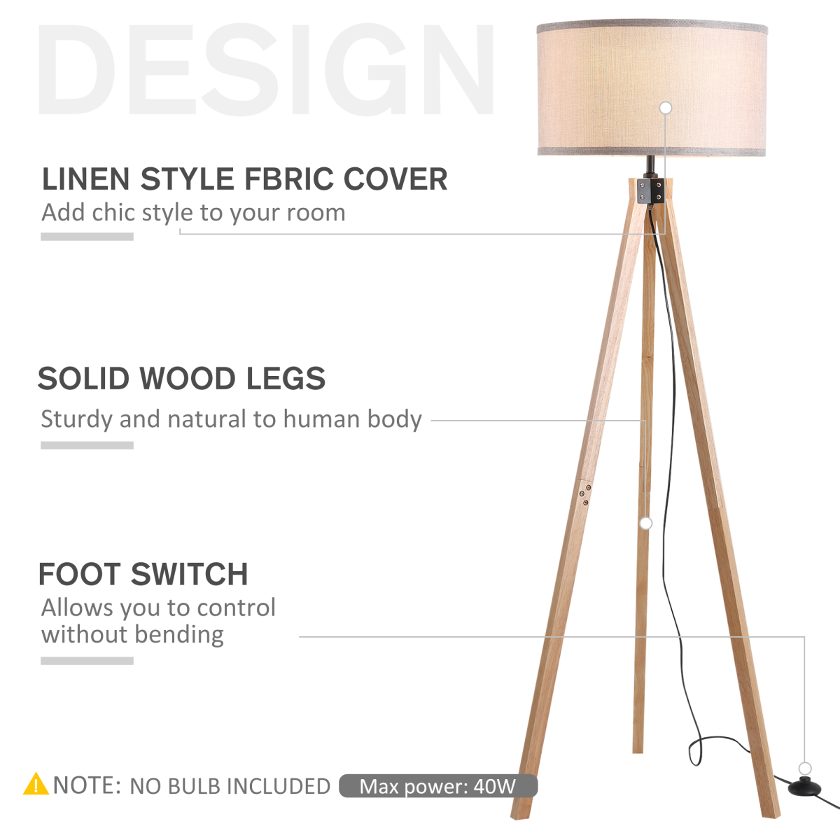 Beige Linen Floor Lamp with Wooden Tripod Base