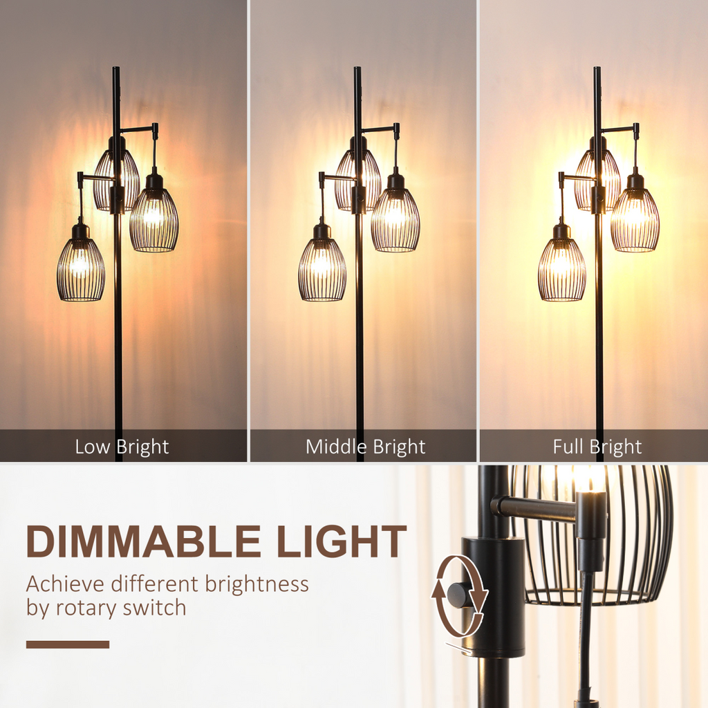 Industrial 3-Light Black Floor Lamp with Dimmer