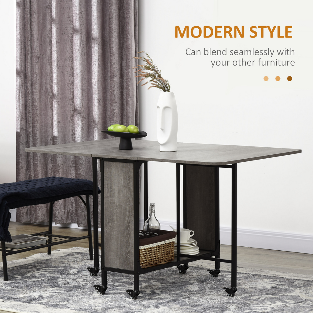 Mobile drop‑leaf folding kitchen table with storage shelves.