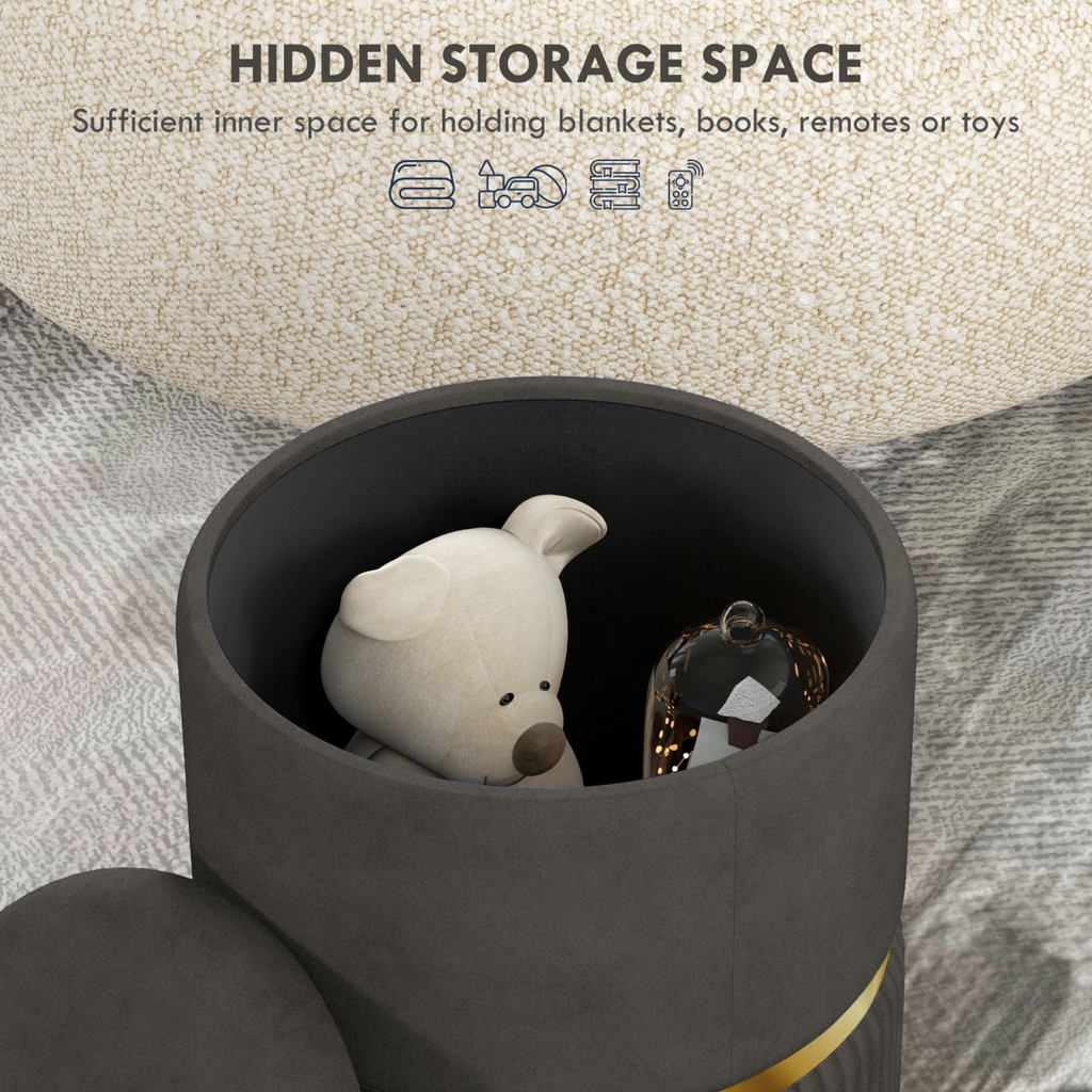 “Round storage pouffe with cushioned top — modern footstool”