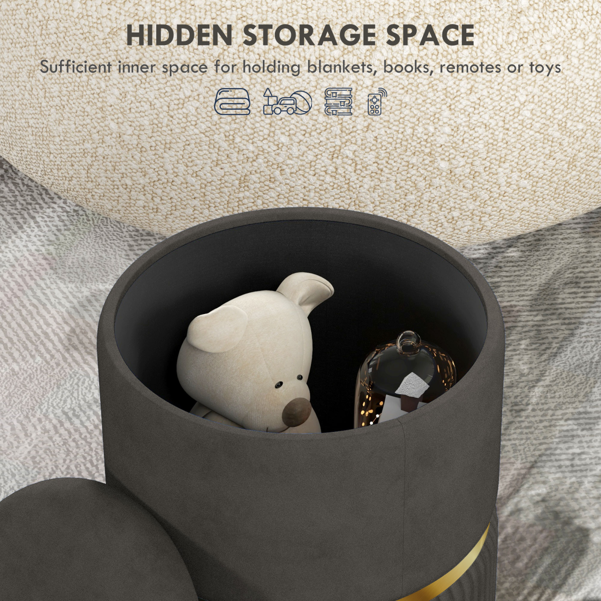 “Round storage pouffe with cushioned top — modern footstool”