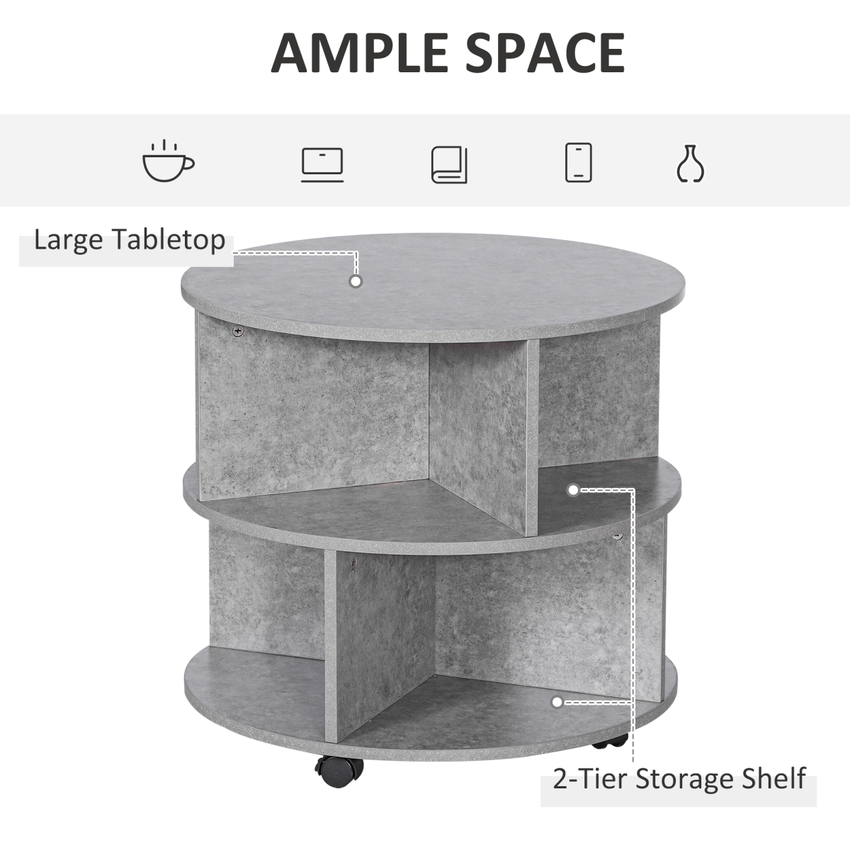 A modern 2‑tier round coffee table with a cement‑effect finish and practical open storage. Perfect for stylish, organised living rooms. Shop The Cosy Nest.