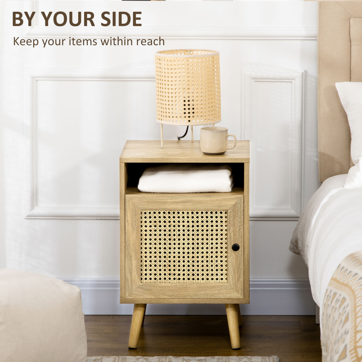Rattan‑front bedside table with cabinet and shelf.