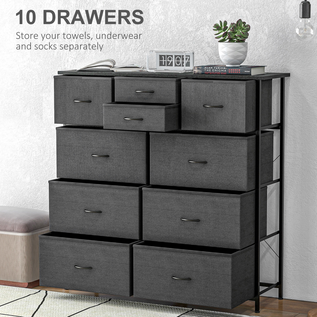 Black fabric chest of drawers with metal frame.
