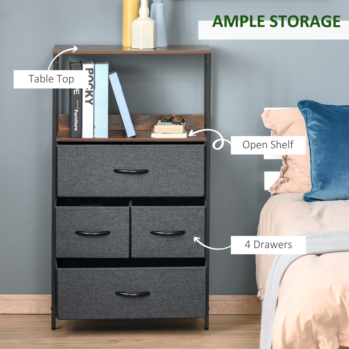 4‑drawer fabric storage chest with wooden top
