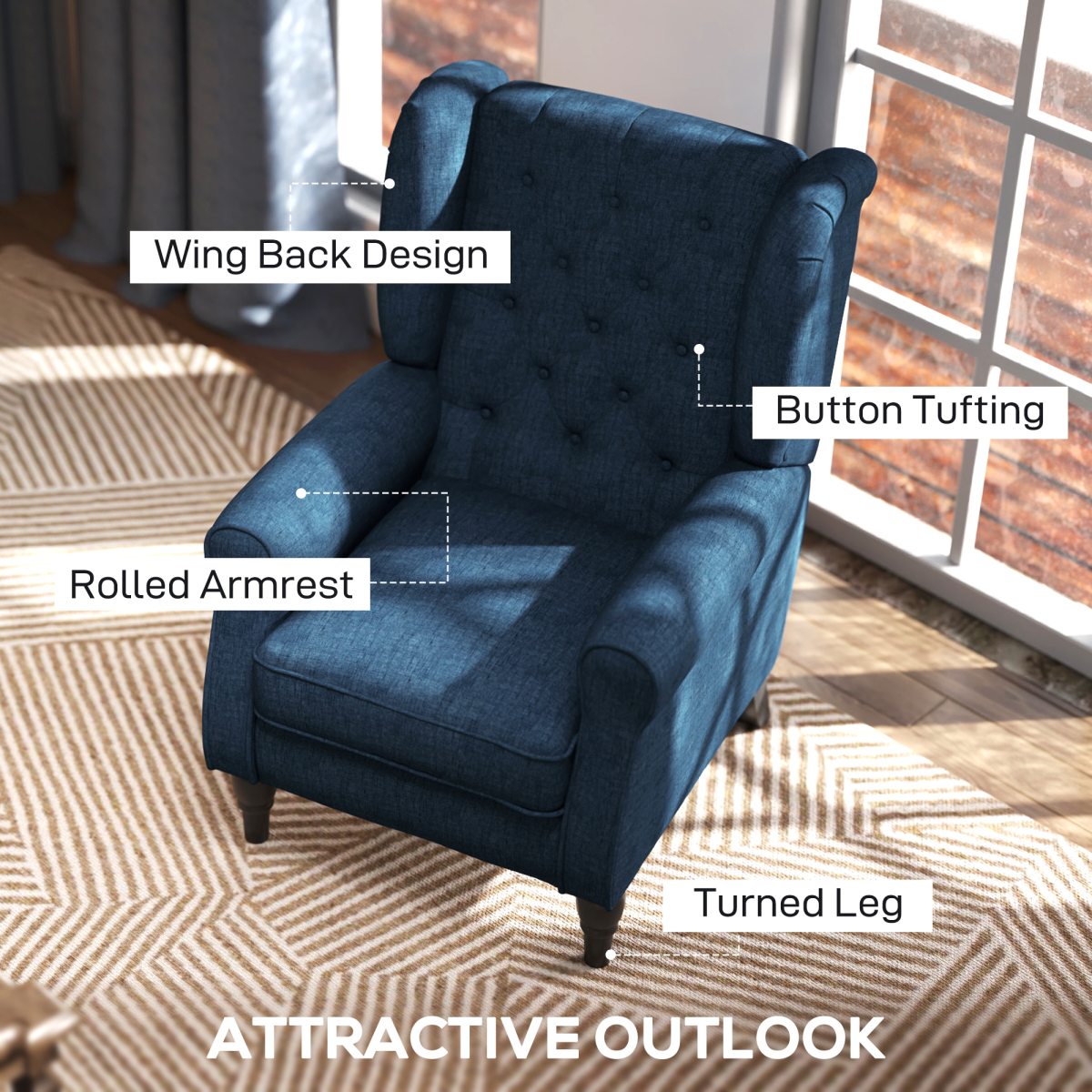 Retro Club Tufted Armchair in Blue Linen