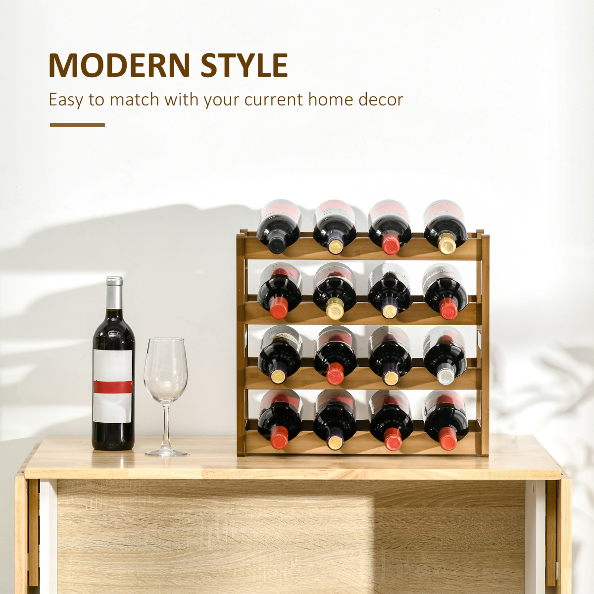 Bamboo 16‑bottle wine rack with four tiers.