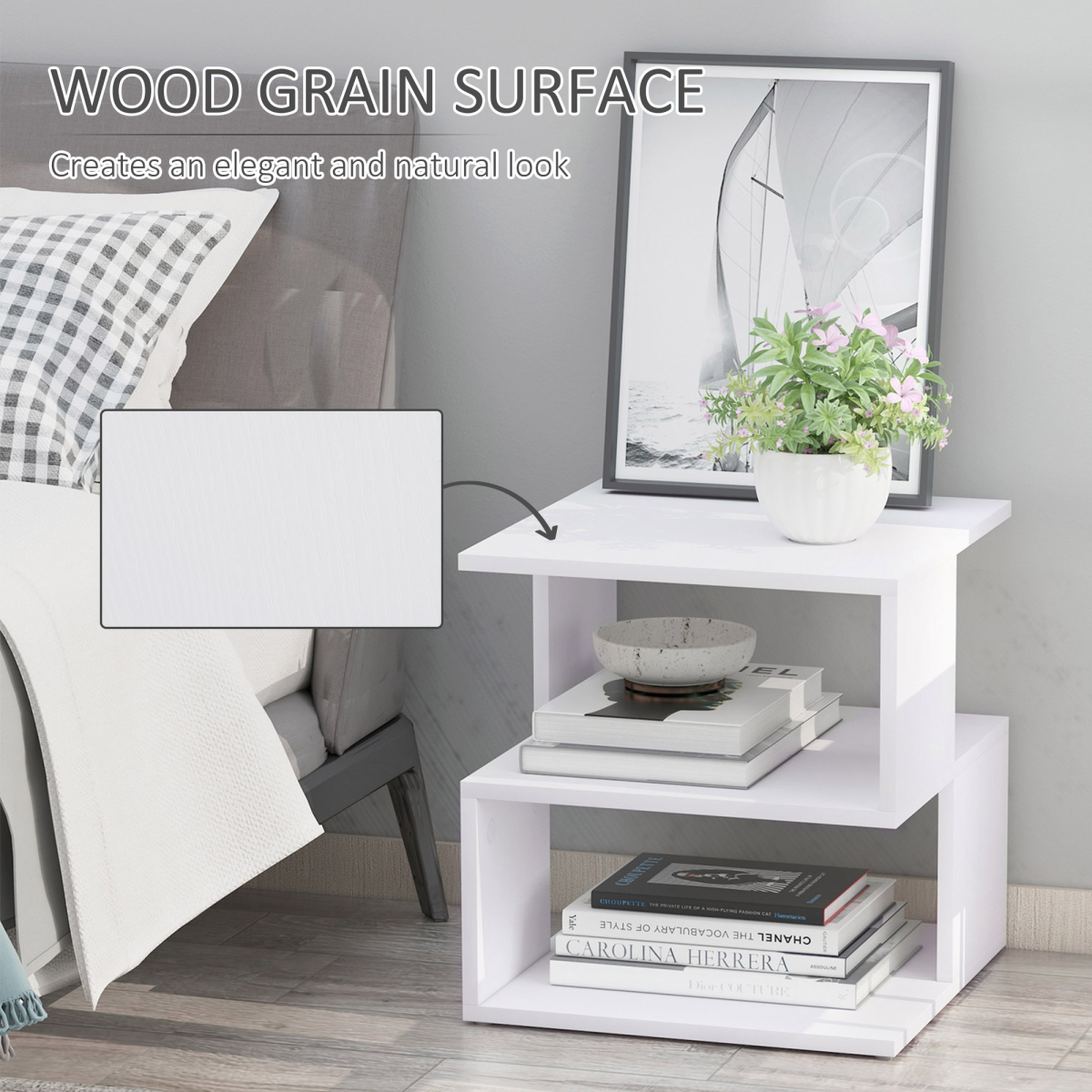 {
  "title": "Modern Square 2-Tier Wood Coffee Side Table Storage Shelf Rack, White",
  "description": "Two-tier square side table made from wood with a white finish. Provides storage and display space with two open tiers."
}