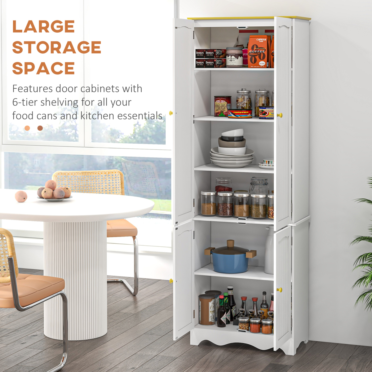 {
  "title": "Freestanding Kitchen Cupboard 4-Door Storage Cabinet, White, 4 Shelves",
  "description": "Freestanding kitchen cupboard with four doors and four shelves for storage. White finish."
}