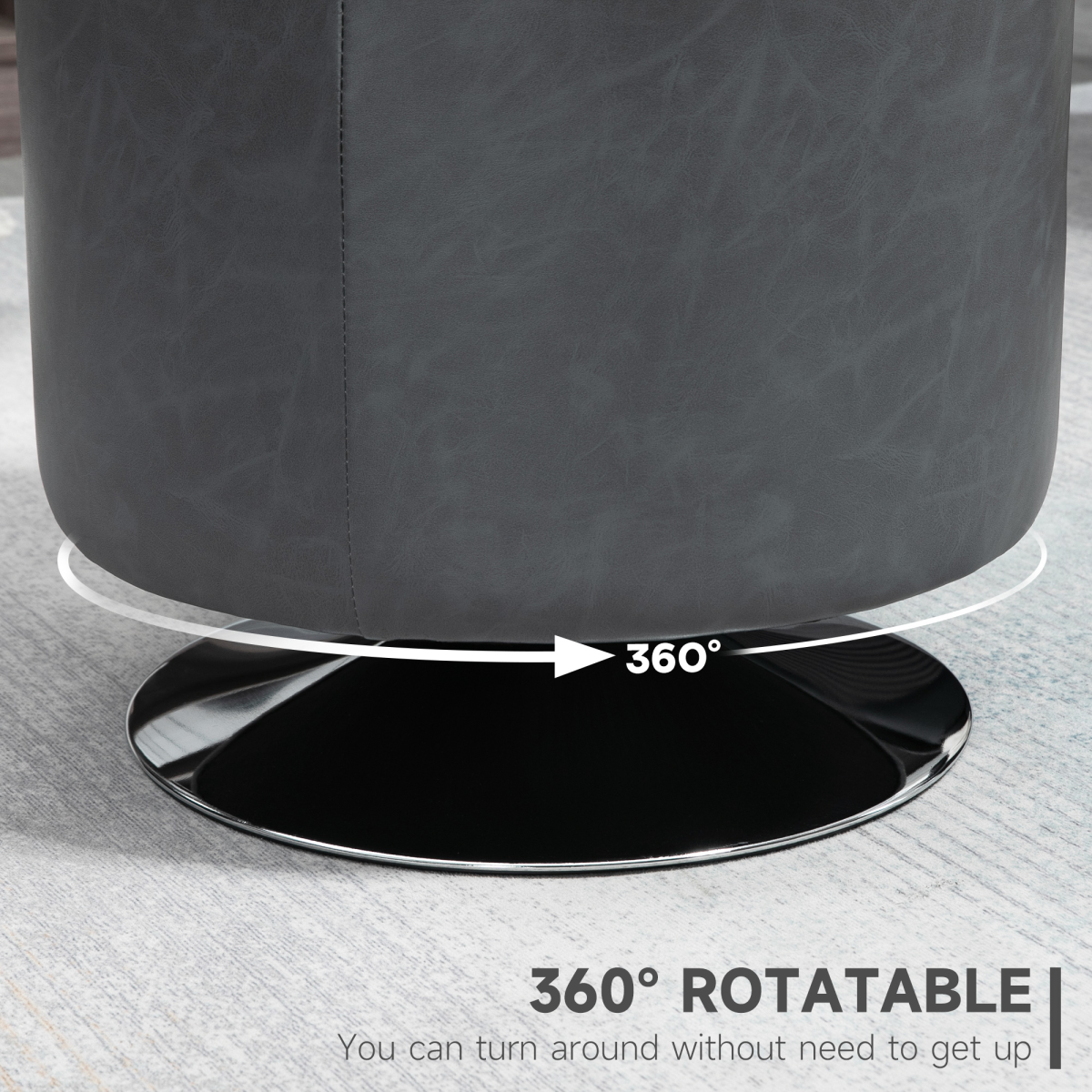 Grey 360‑degree swivel footstool with padded seat.