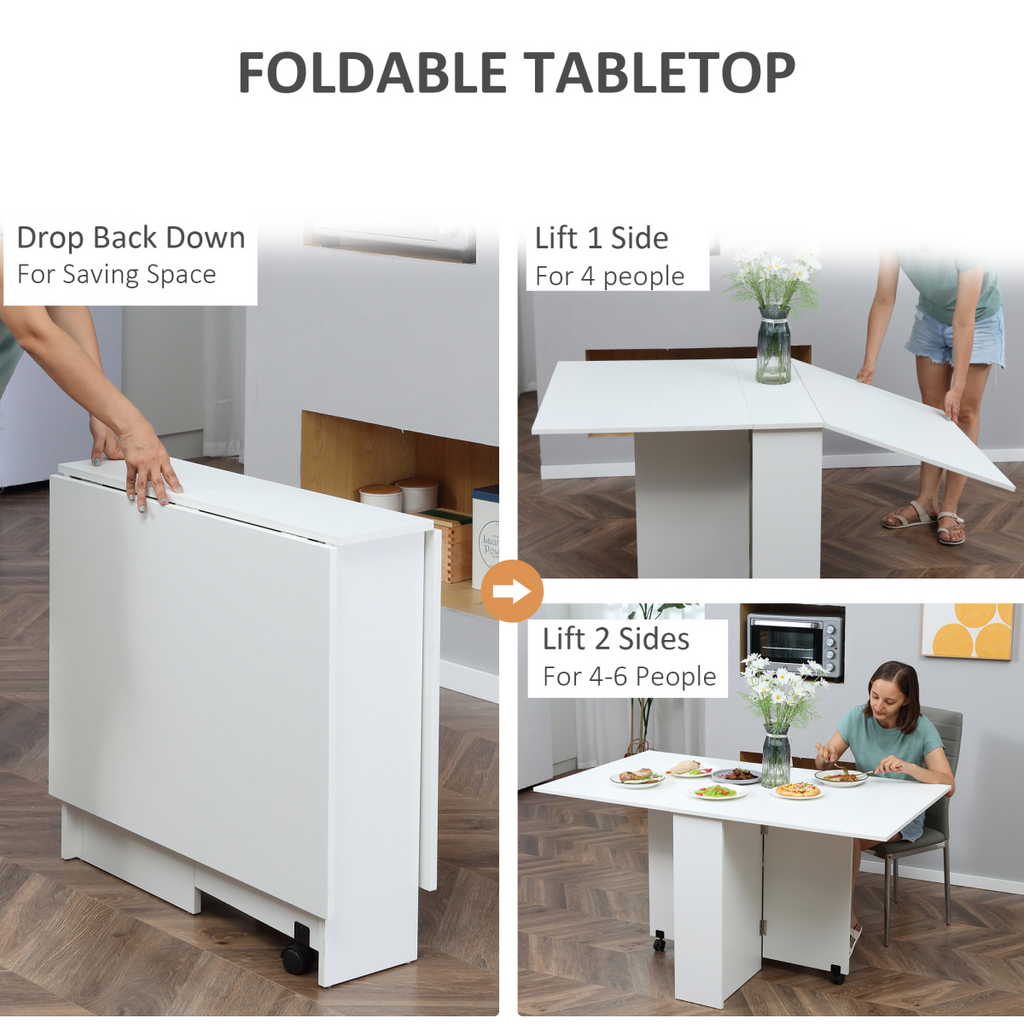 Mobile drop‑leaf kitchen table with shelves and wheels.