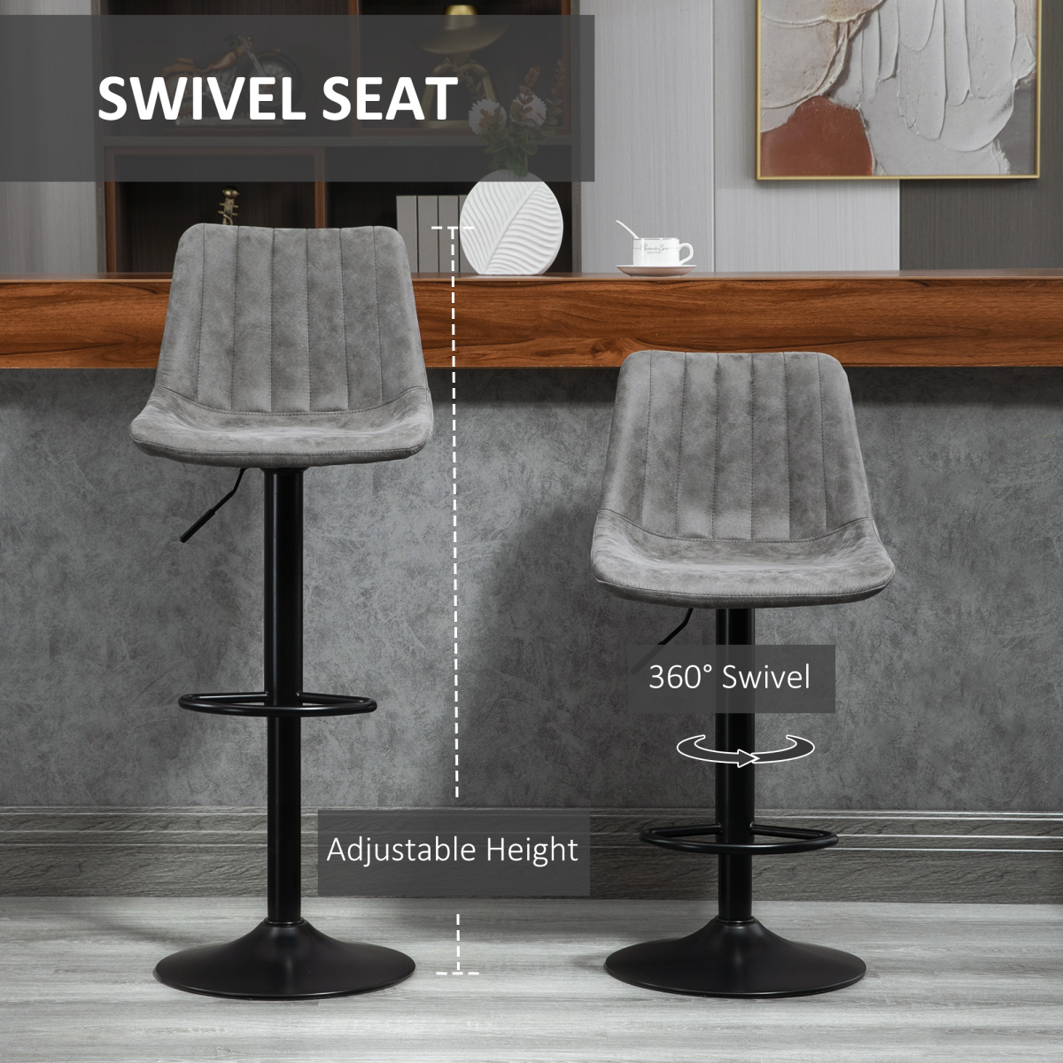 Set of two grey microfibre retro tub bar stools.