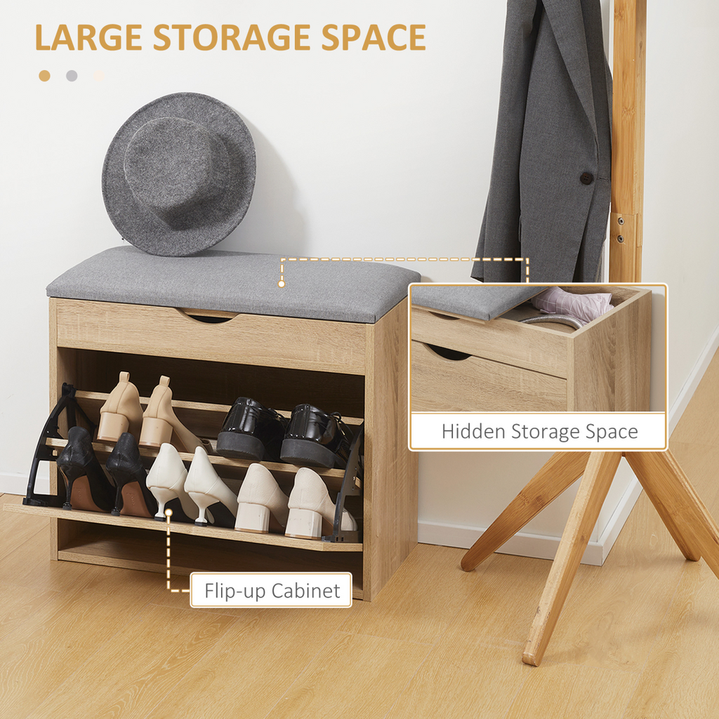 “Natural wood entryway shoe bench with cushioned seat and storage cabinet”