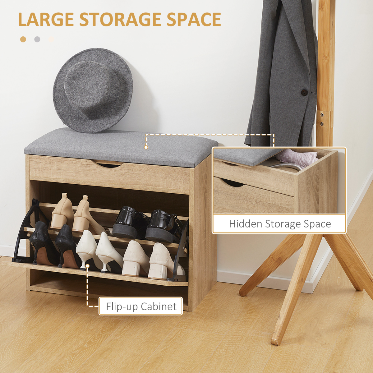 “Natural wood entryway shoe bench with cushioned seat and storage cabinet”