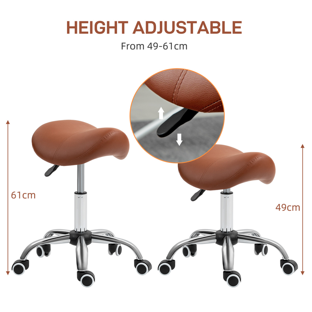 “Brown PU leather saddle stool with adjustable height and swivel base”