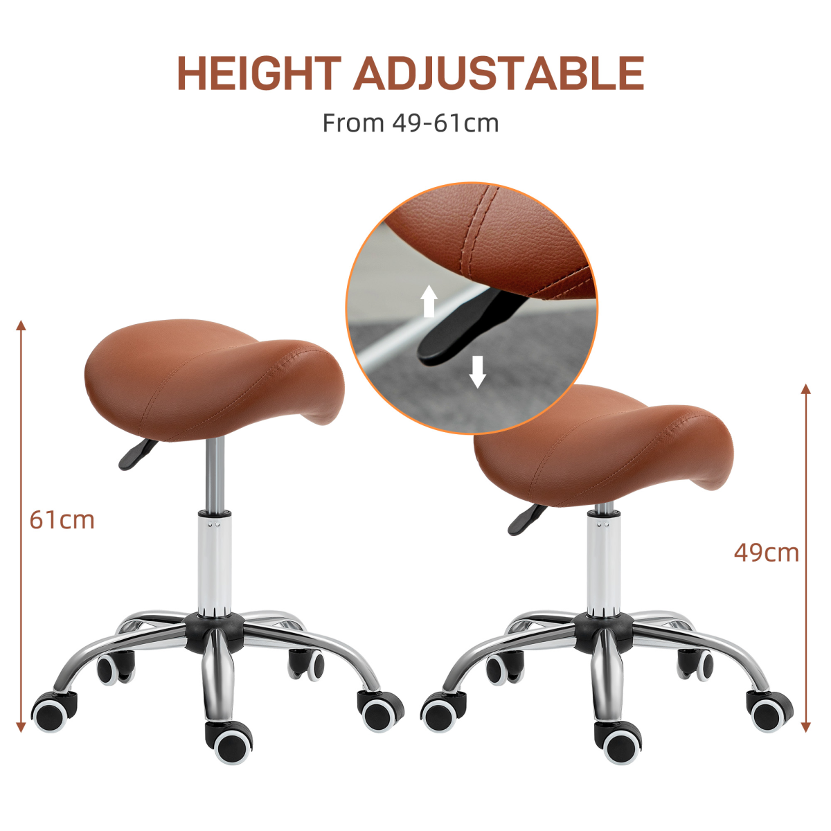 “Brown PU leather saddle stool with adjustable height and swivel base”