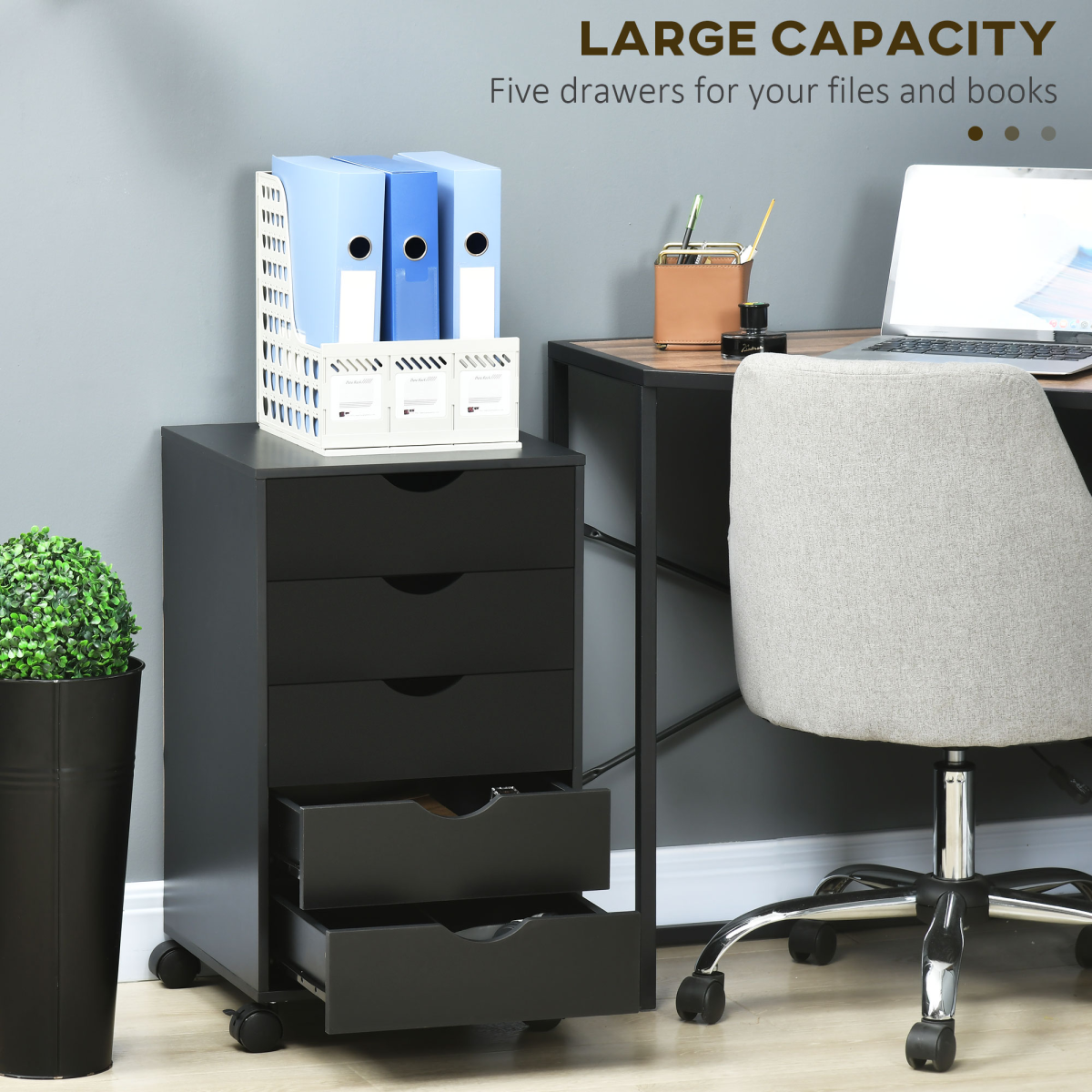5-Drawer Filing Cabinet with Castors in Black