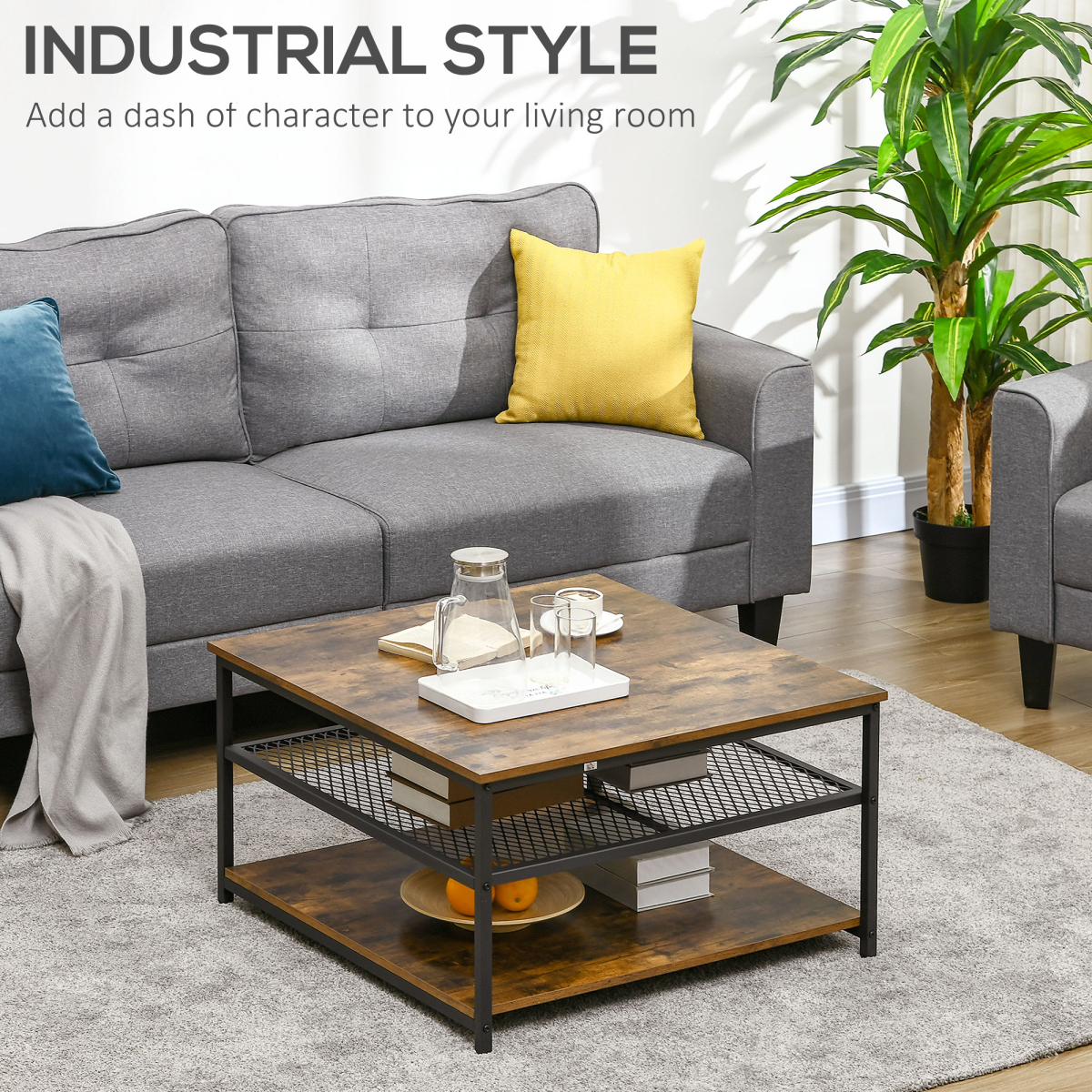 Industrial Coffee Table with Storage Shelves