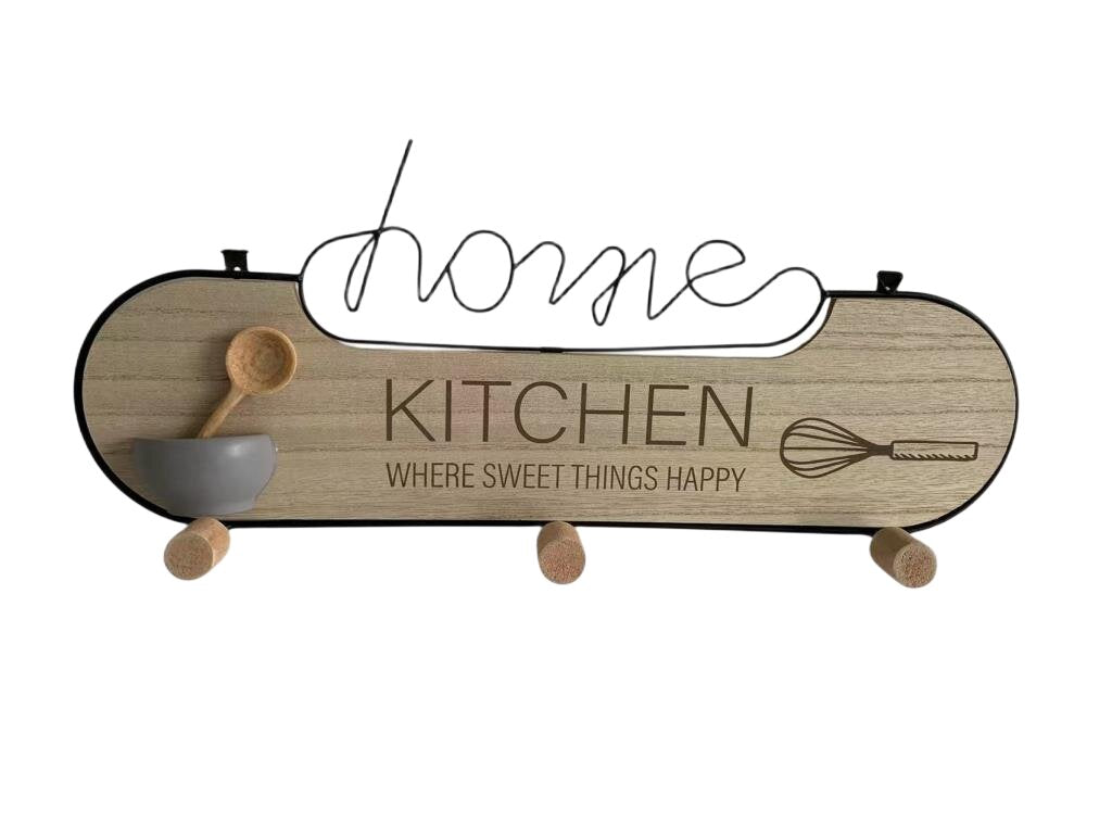 AcaciaHome Durable & Modern Wall Mounted Wooden Kitchen Shelf with 3 Iron Hooks, Floating MDF & Iron Storage Rack, Mug Cup Holder Display Organiser for Kitchen, Bathroom, Entryway, Hallway & Office