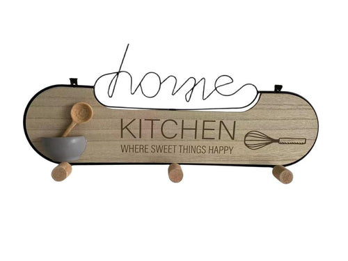 AcaciaHome Durable & Modern Wall Mounted Wooden Kitchen Shelf with 3 Iron Hooks, Floating MDF & Iron Storage Rack, Mug Cup Holder Display Organiser for Kitchen, Bathroom, Entryway, Hallway & Office