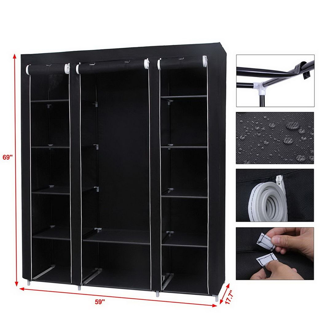 {
  "title": "Portable Clothes Closet Wardrobe Organizer (69) with Non-Woven Fabric, Black",
  "description": "Portable clothes closet wardrobe storage organizer with non-woven fabric in black. Quick and easy to assemble for extra storage."
}